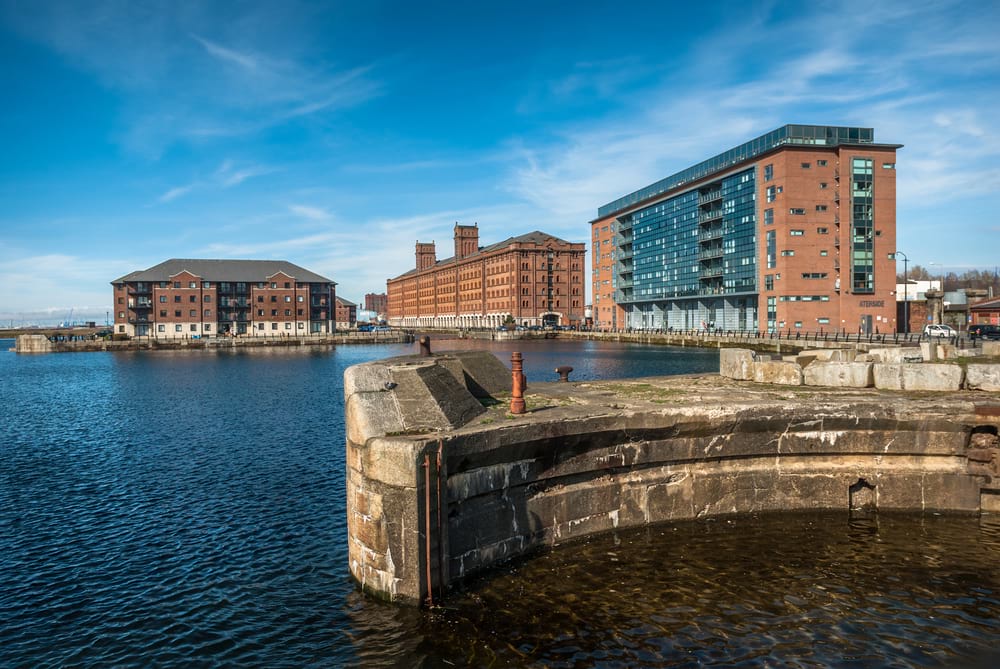 Modern development along the Princes half tide and Waterloo docks in Liverpool.