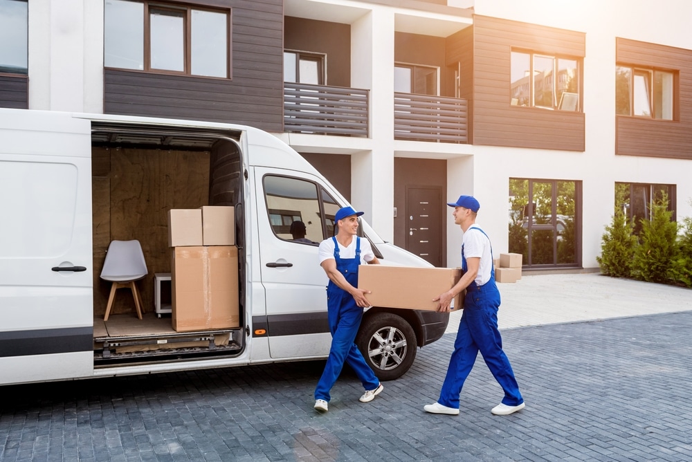 men moving box towards a removal van