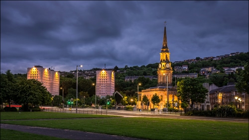 lit up church and tower blocks in Port Glasgow 